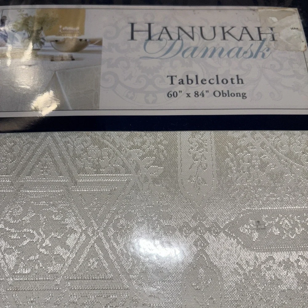 Hanukah Tablecloth Damask Oblong 60x 84‎ Grey Festival Of Lights